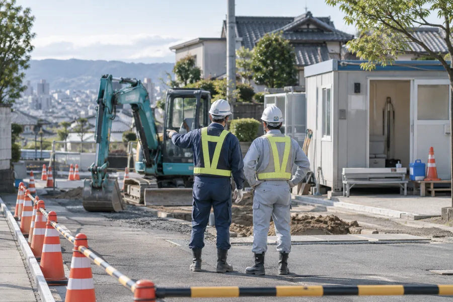 安全装備を着けた作業員と復旧工事現場のイメージ